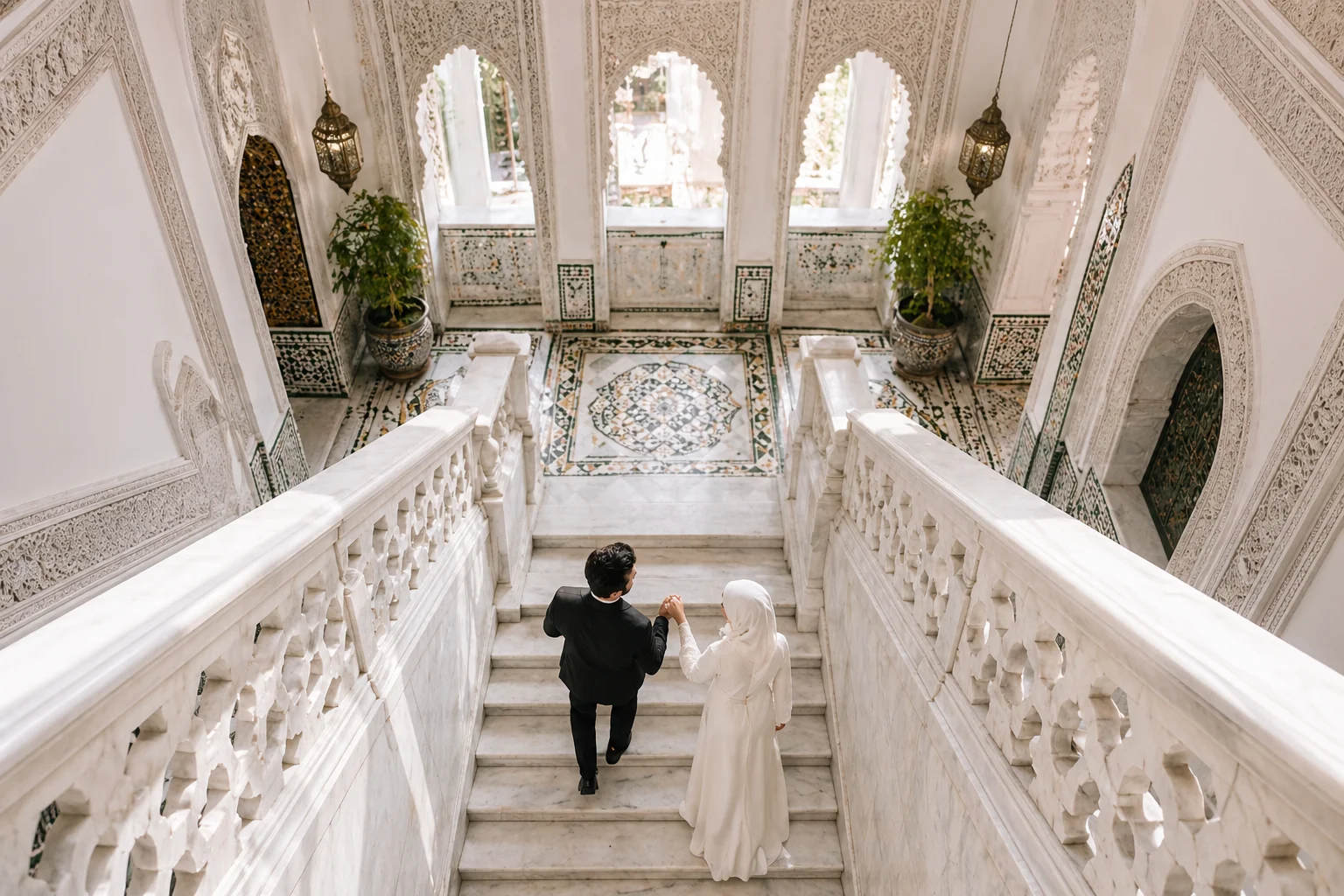 A Muslim bride and groom holding hands on a marble staircase in a Moroccan-style hall — the Islamic wedding